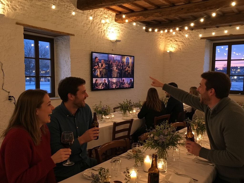 Gäster pekar på livebildspelet på lokalens skärm